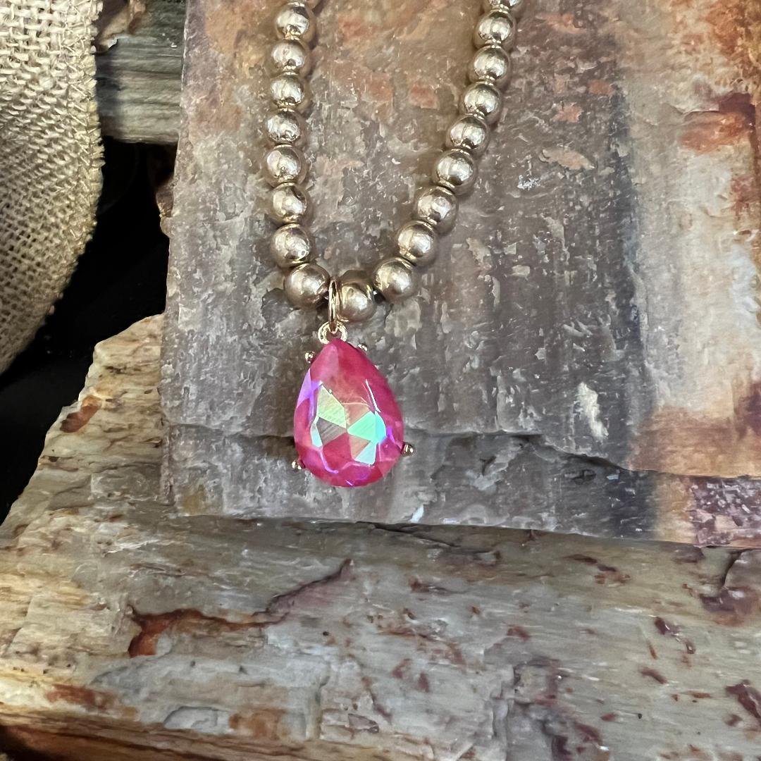 Gold Stunning Pink Teardrop Bead Necklace