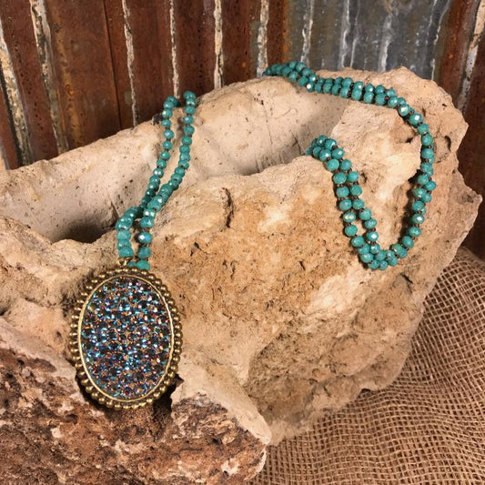 Brown Knotted Turquoise Beaded Necklace with AB Crystal Bronze Oval