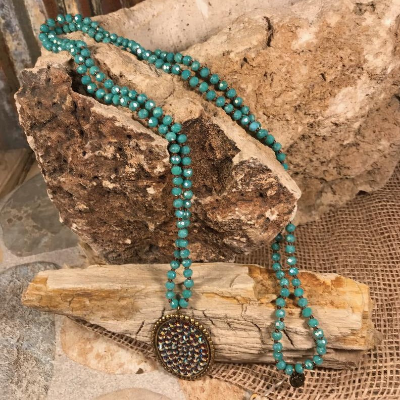 Brown Knotted Turquoise Beaded Necklace with AB Crystal Bronze Oval