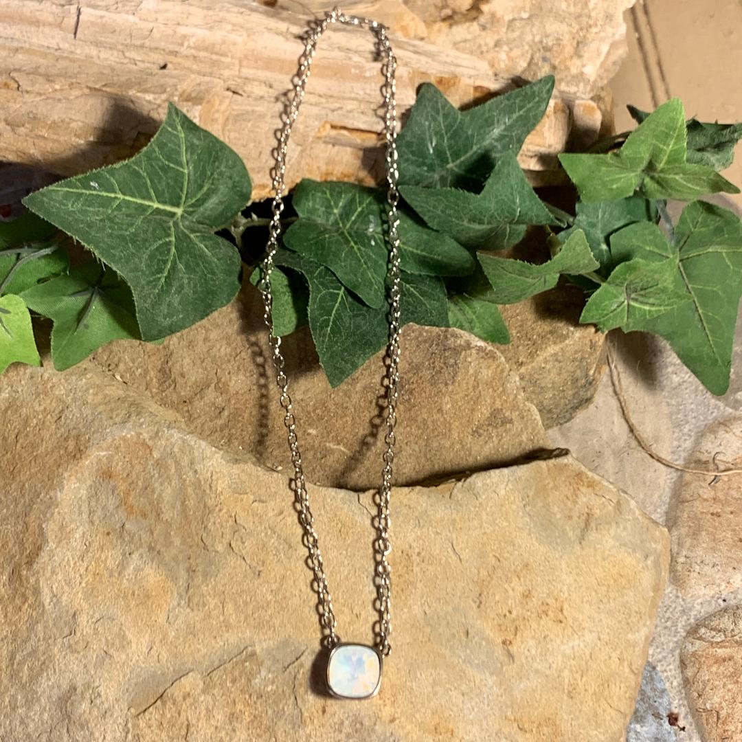 Opalescent Stone and Silver Chain Necklace