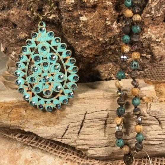 Turquoise Crackle Santa Fe Teardrop  Necklace - 38"