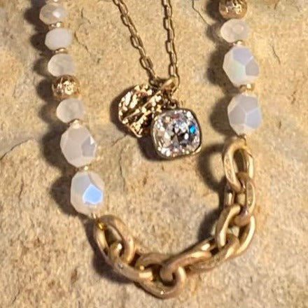 Opalescent & Clear Crystal Stone and Gold Double Chain Necklace