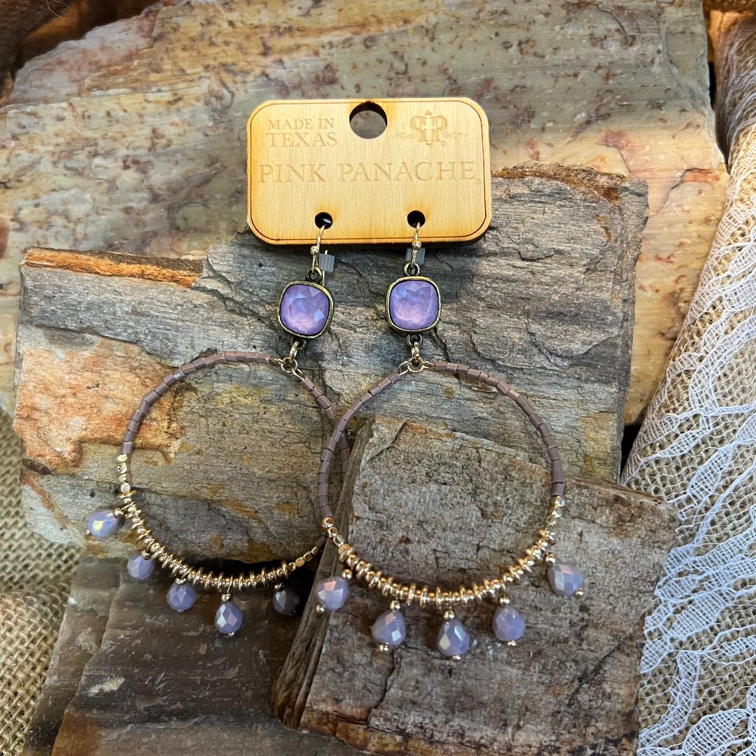 Gold Bead & Sweet Lavender Stone Front Hoop Earrings