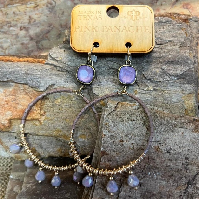 Gold Bead & Sweet Lavender Stone Front Hoop Earrings