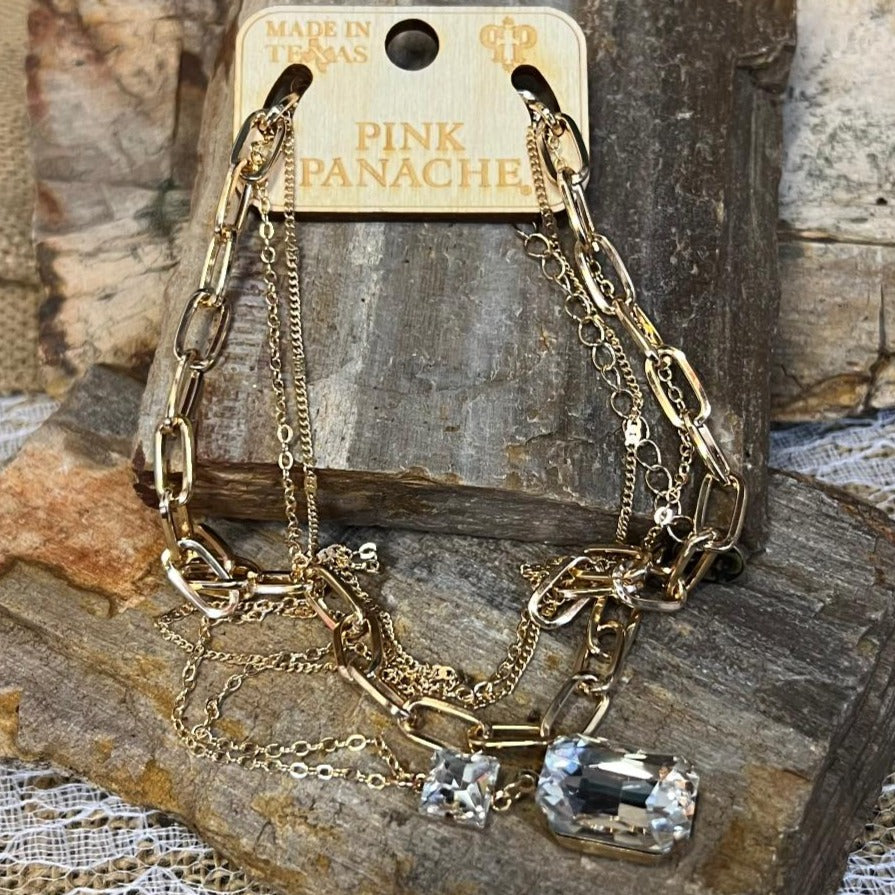 Clear Emerald Cut Rhinestone Gold Chain Necklace