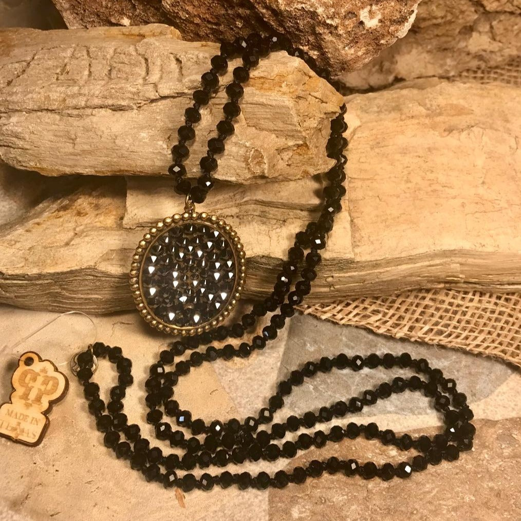 Bronze Oval Black Crystal 46" Black Bead Necklace