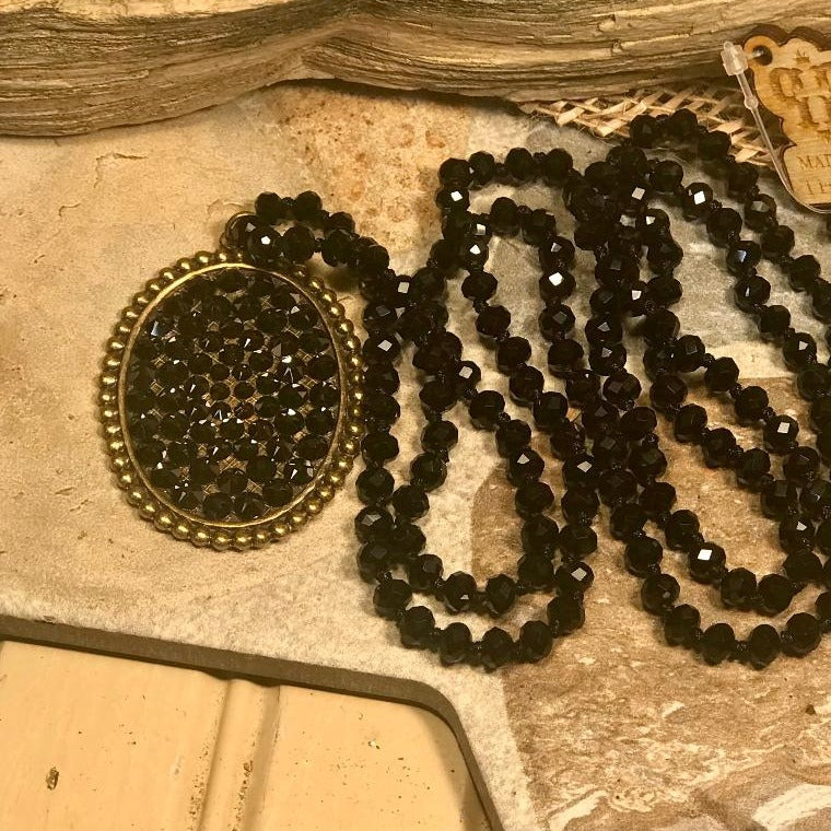 Bronze Oval Black Crystal 46" Black Bead Necklace