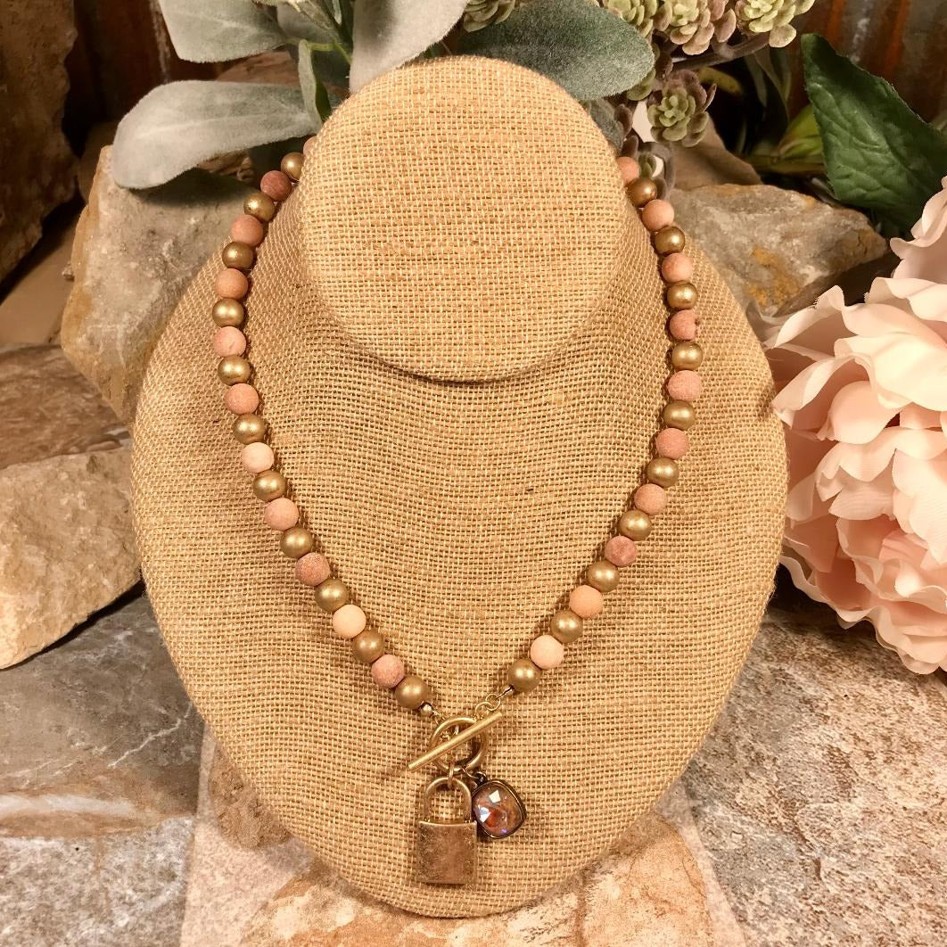 Pink and Gold Stone Front Toggle Necklace with a Cappuccino Delight Cushion Cut Drop