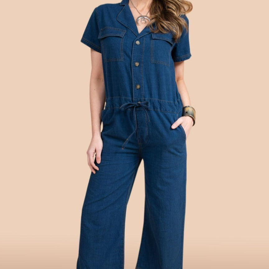 Collared with Drawstring Waist Jumpsuit
