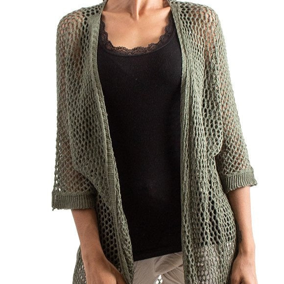 Knitted Mesh Maxi Olive Open Jacket