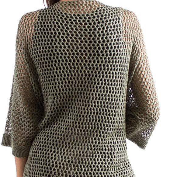 Knitted Mesh Maxi Olive Open Jacket