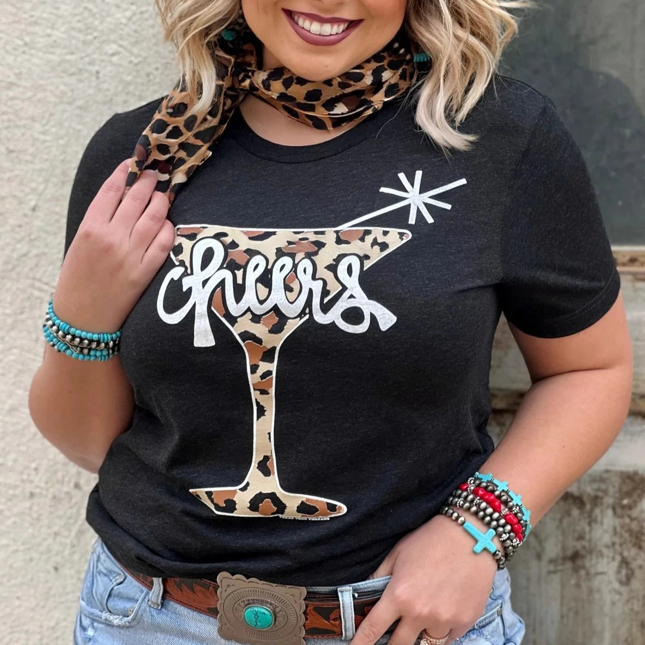 Cheers with Leopard Print V-NECK Tee