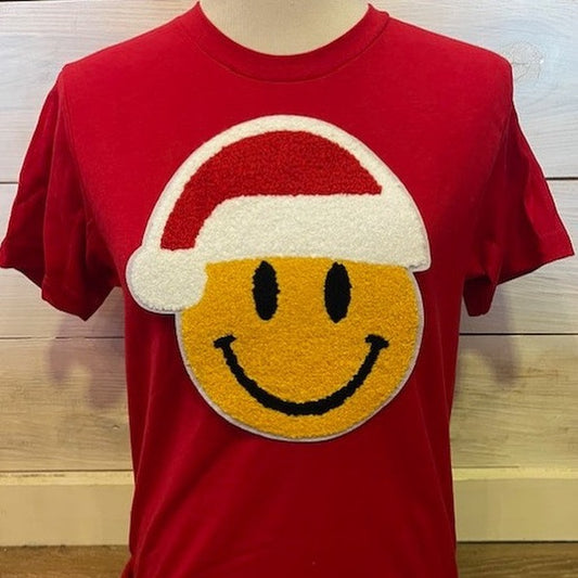 Chenille Smiley Santa Red Adult Tee