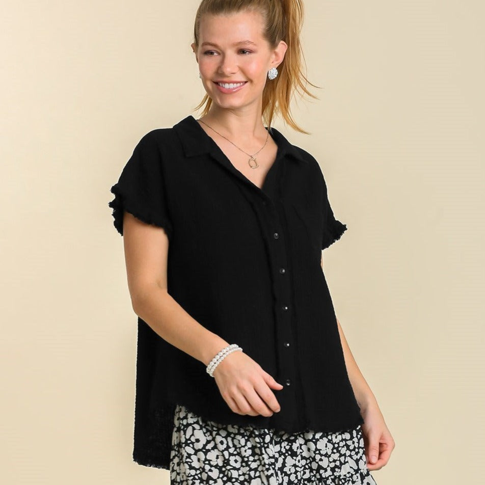 Short Sleeve Collared Button Up Top