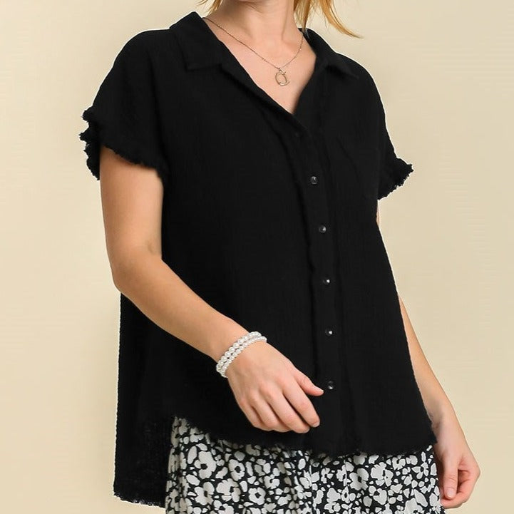 Short Sleeve Collared Button Up Top