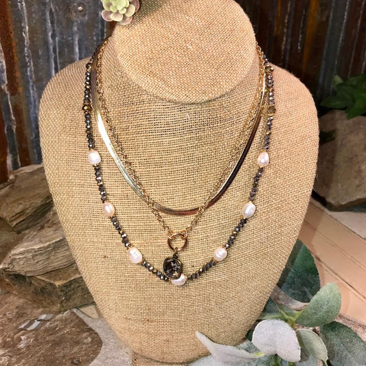 Pearl Gray and Gold Multi Layered Necklace