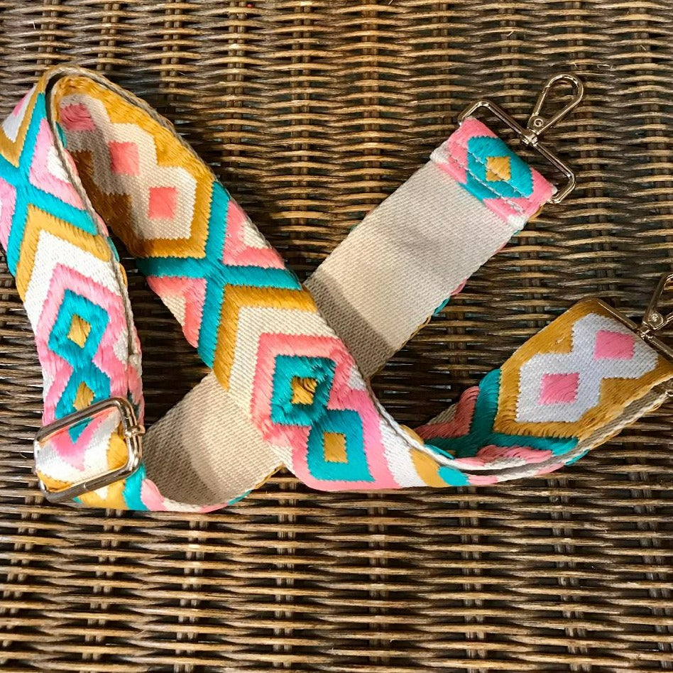 Aztec Embroidered Adjustable Strap, Pink/Gold/Cream