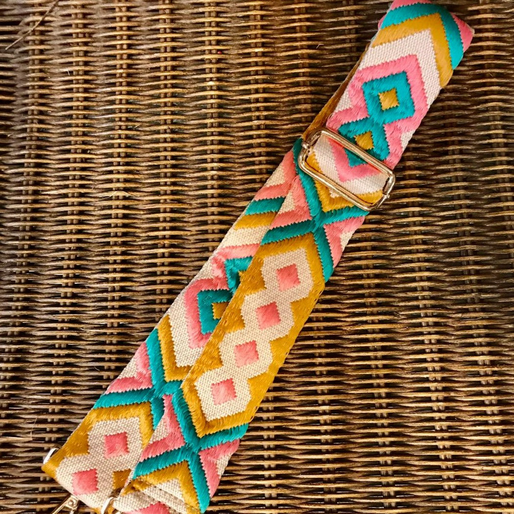 Aztec Embroidered Adjustable Strap, Pink/Gold/Cream
