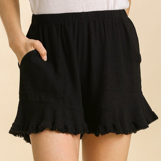 Linen Blend Elastic Waist Ruffle Black Hem Shorts with Pockets