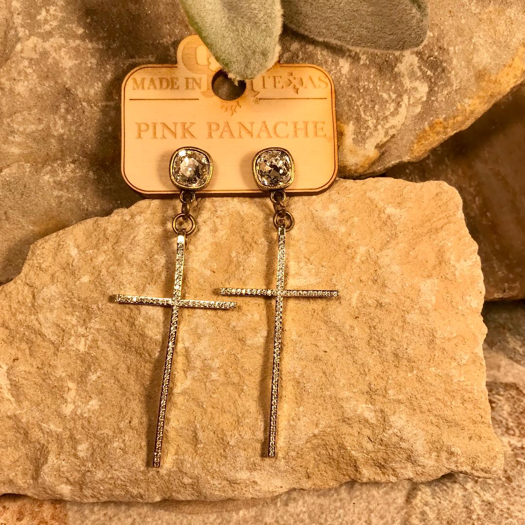 Gold Cross Earrings with Clear Crystal Stud
