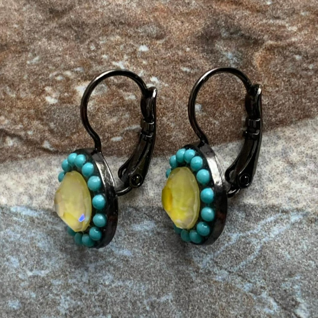 Pavé Leverback Earrings in Turquoise and Iridescent Peach