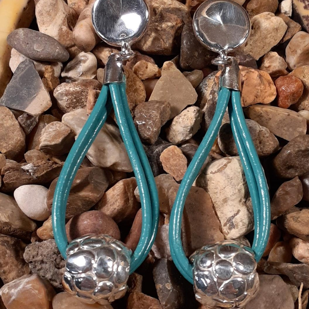 Silver Bead and Teal Leather Drop Earrings
