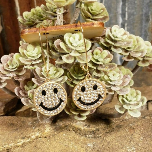 Gold Rhinestone Smiley Face Earrings