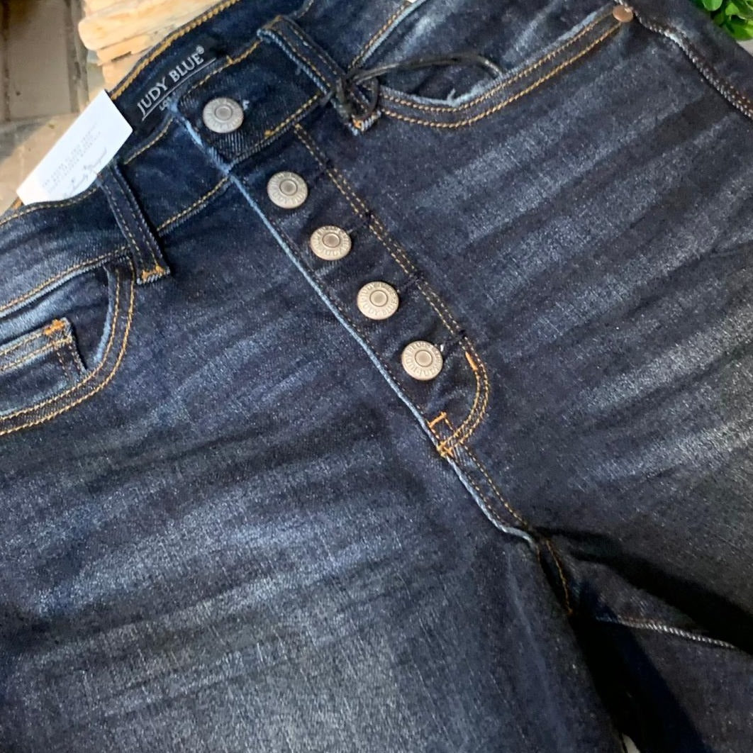 Super Dark Wash Button Fly Cut off Shorts