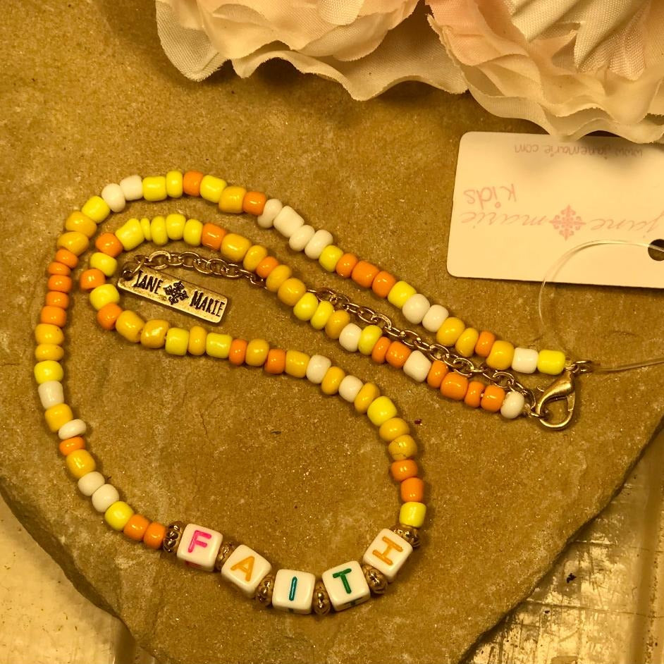 Faith Orange Yellow & White Colored Beads Kids Necklace