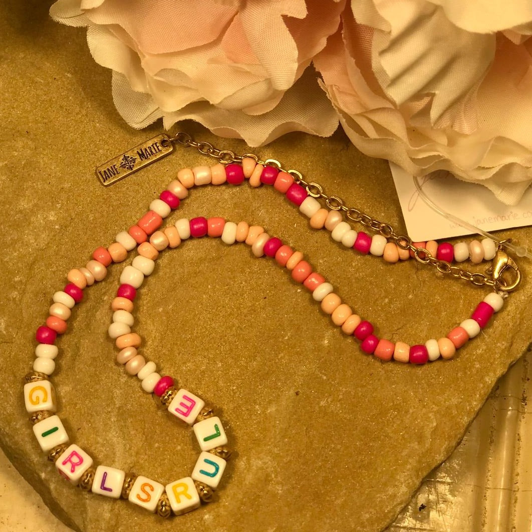 Girls Rule Multi Pink and White Colored Beads Kids Necklace