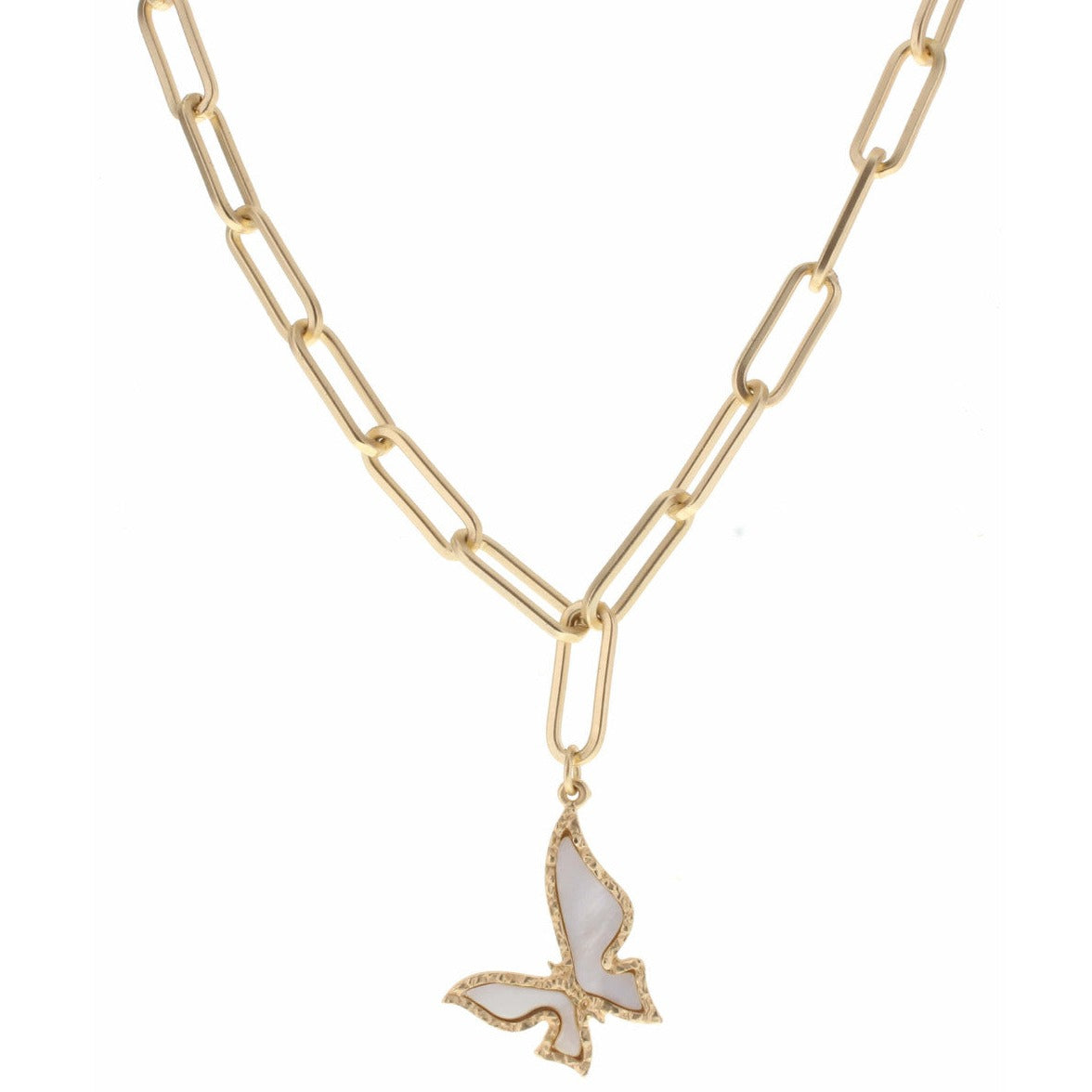 Gold Chain Link White Shell Butterfly Charm Necklace