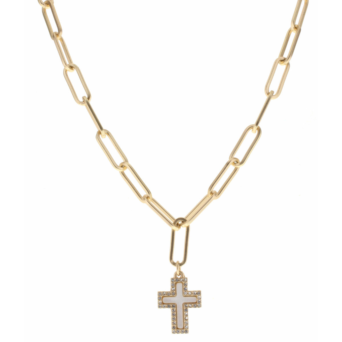 Gold Chain Link White Shell Cross Surrounded by Clear Crystals Necklace