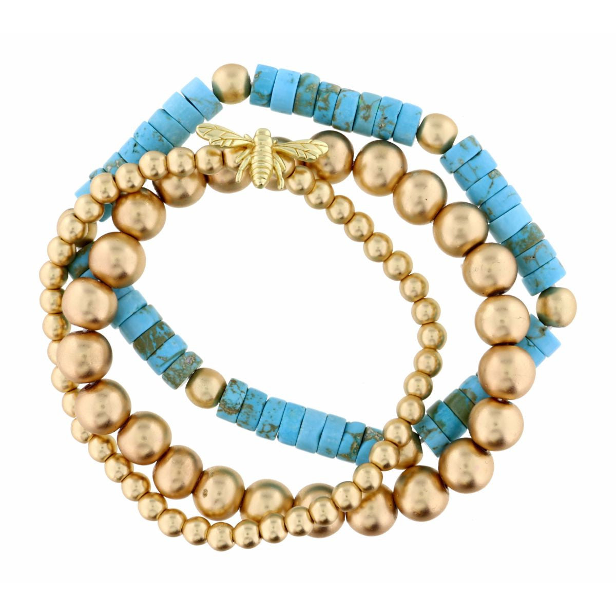 Turquoise, Matte Gold Bead & Bee Icon Bracelets