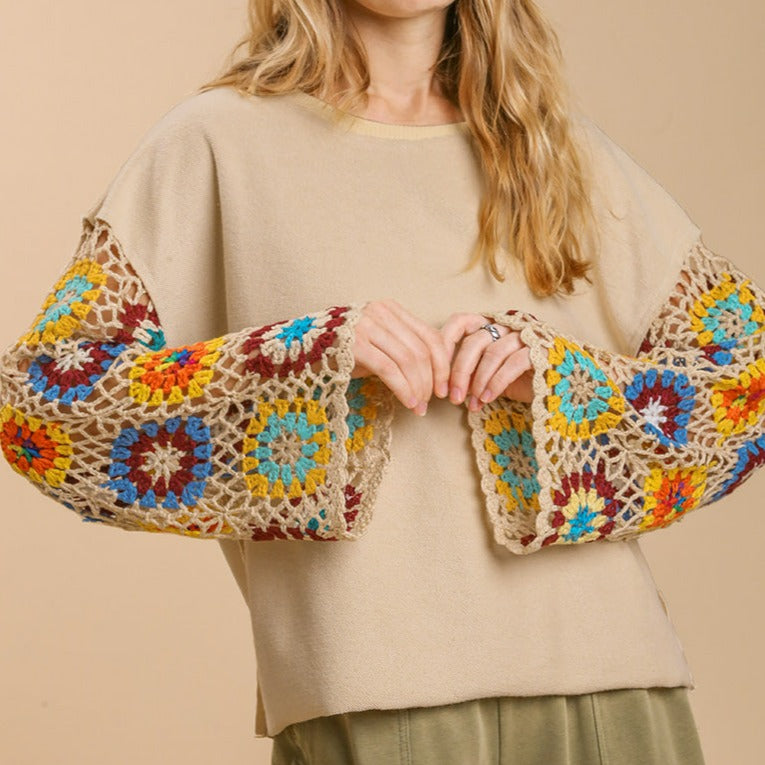 French Terry Top with Hand Knit Color Crochet Details