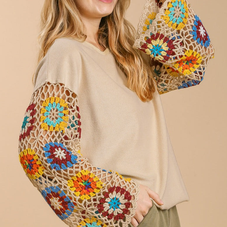 French Terry Top with Hand Knit Color Crochet Details