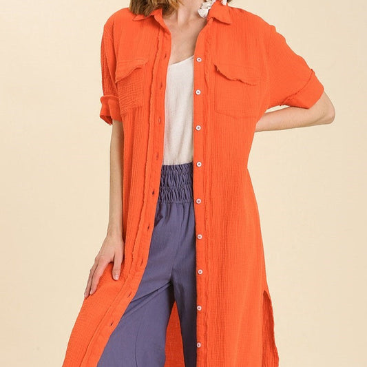 Button Up Cotton Gauze Midi Dress with Pocket Details