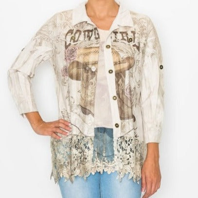 Ivory Beige Faux Suede Cowgirl Shirt /Shacket with Lace Trim