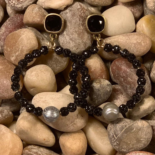 Black Crystal Bead Front Hoop Earrings with Gray Pearl