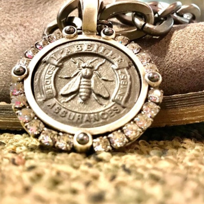 Rhodium Lourdes Chain Brillante Bezel Hematite Cabs and Rhodium Abeille Medallion Necklace