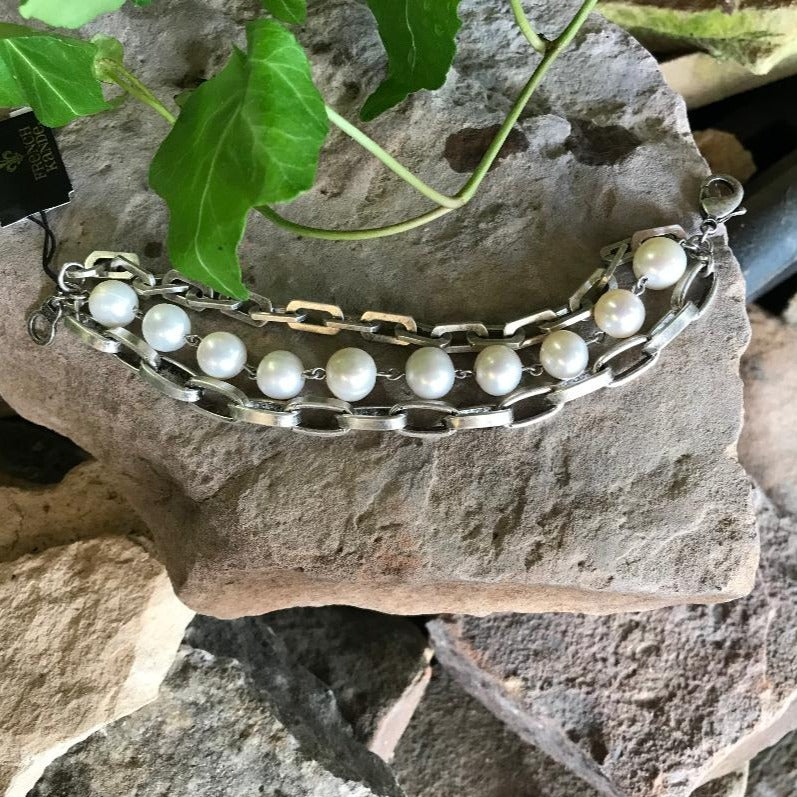 Triple Silver Link Chain with Pearls Bracelet
