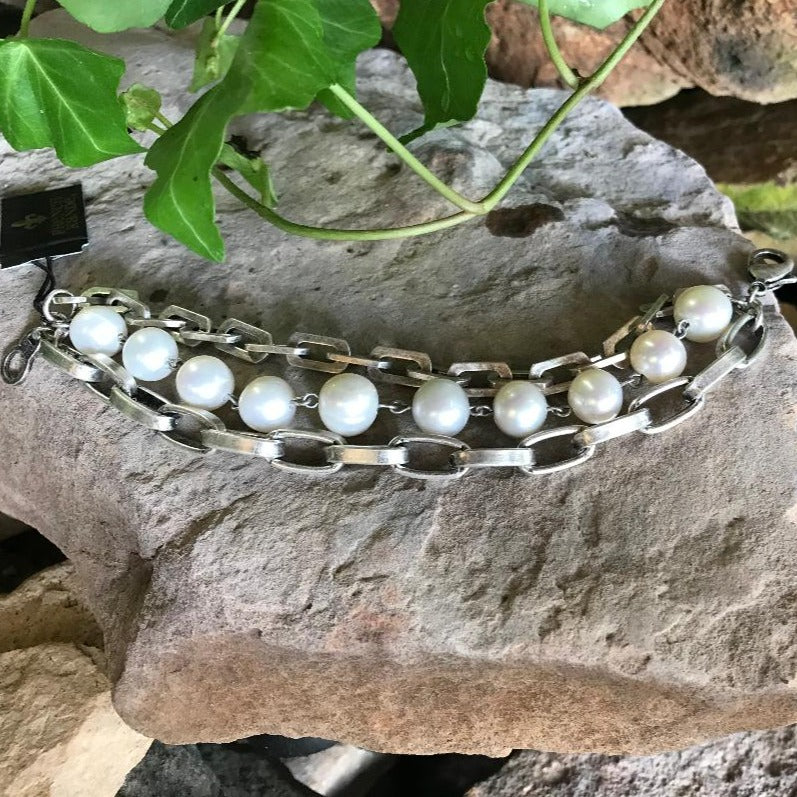 Triple Silver Link Chain with Pearls Bracelet