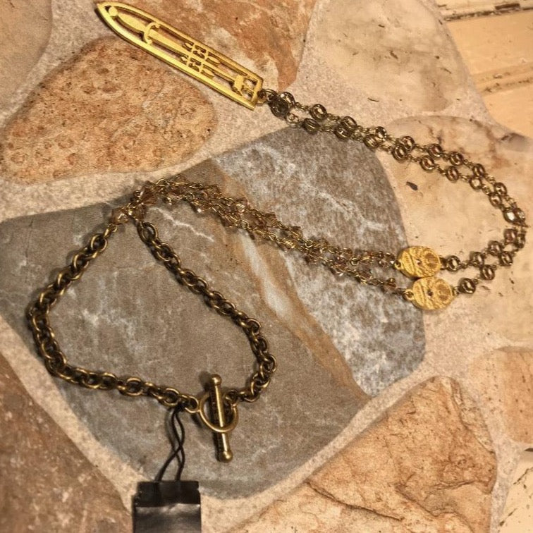 Golden Shadow Swarovski, Chain & Sword Crown Pendant Necklace