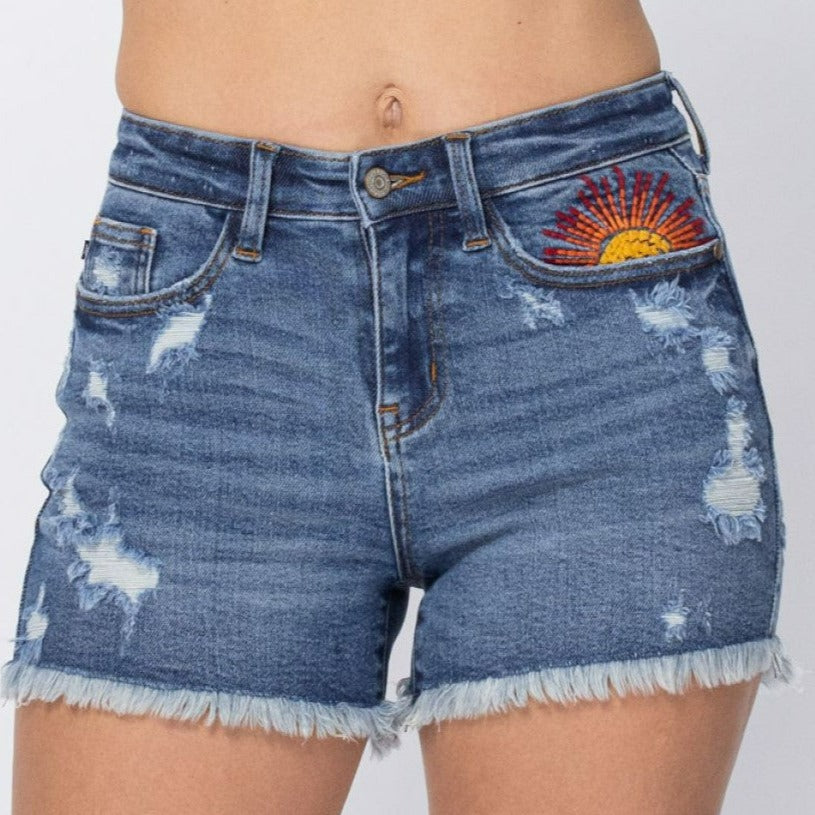 Hi-Rise Sun Embroidery Cutoff Shorts