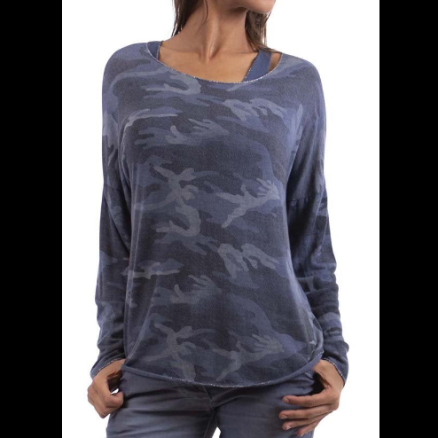 Blue Camo 2 Pc Round Neck Long Sleeve Sweater Top with Silver Stitch Hem