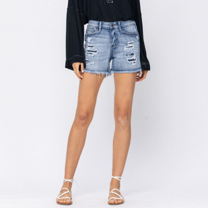 Mid-Rise Patch, Wash-Out Cutoff Shorts