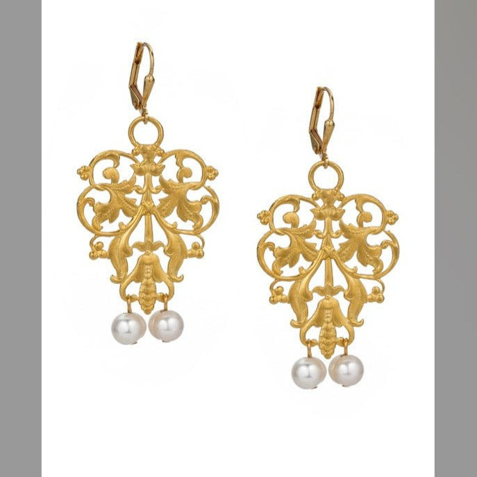 White Freshwater Pearls and Filigree Lever back Earrings