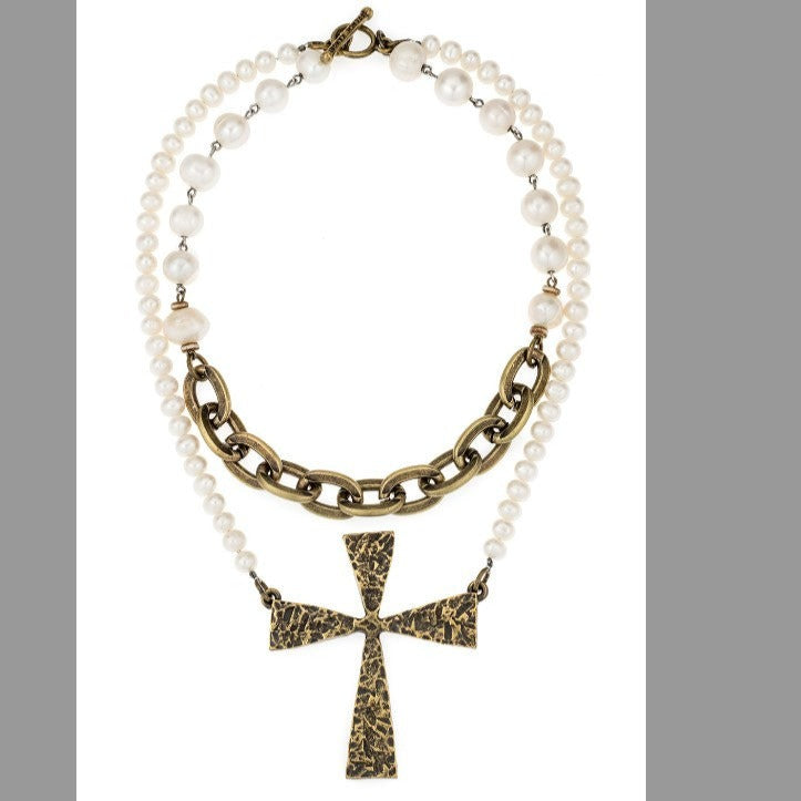 Pearls With Lourdes Chain & French Cross Necklace