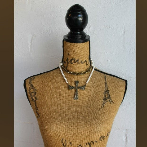 Pearls With Lourdes Chain & French Cross Necklace