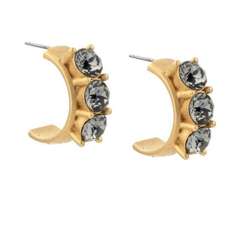 Austrian Crystal Huggie 24k Clad Black Diamond Colored Earrings