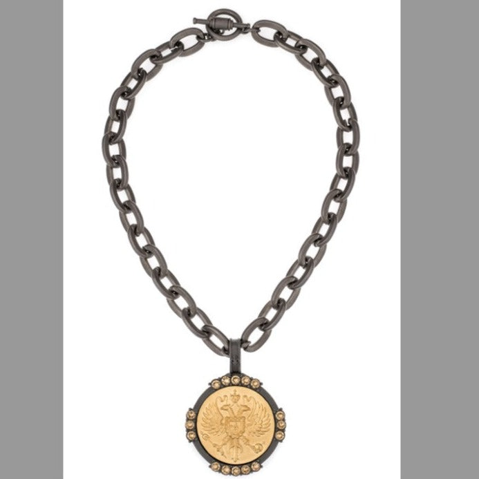 Graphite Lourdes Chain with Canard Medallion and Austrian Crystal Necklace